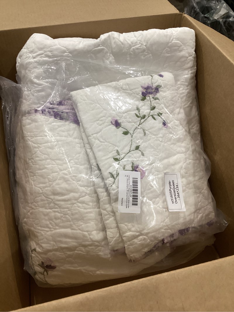 Condition photo showing Good Condition for vctops 3-piece elegant floral embroidered bedspread coverlet set oversize queen 100% cotton reversible patchwork 1 quilt and 2 pillow shams (purple,oversize queen) oversize queen purple
