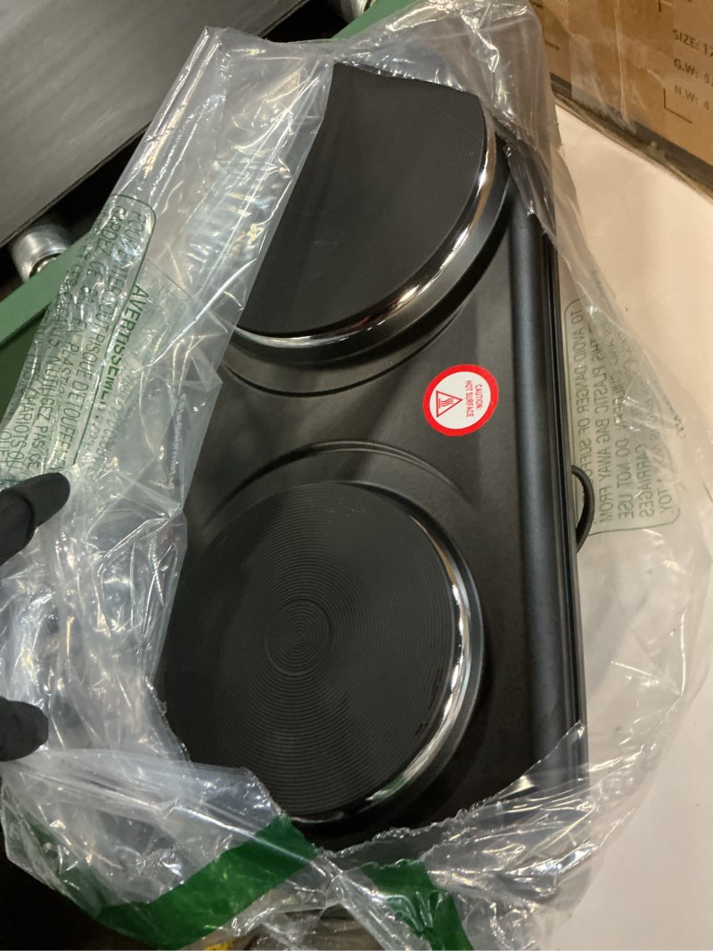 Condition photo showing Good Condition for Elite Gourmet EDB-302BF Countertop Double Cast Iron Burner, 1500 Watts Electric Hot Plate, Temperature Controls, Power Indicator Lights, Easy to Clean, Black Cast Double