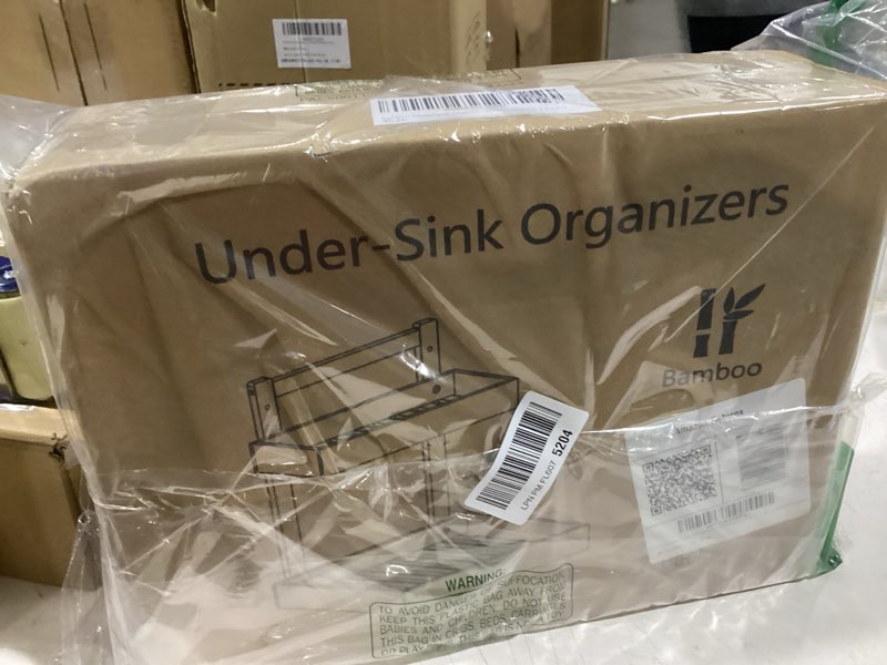 Condition photo showing New/Like New for Bamboo Under Sink Organizer and Storage, 2 Tier Pull Out Cabinet Organizer, Slide Out Under Sink Storage Shelf, Undersink Organizers Shelves for Kitchen Bathroom Organization (Nature, 2 Packs) Nature 2 Packs