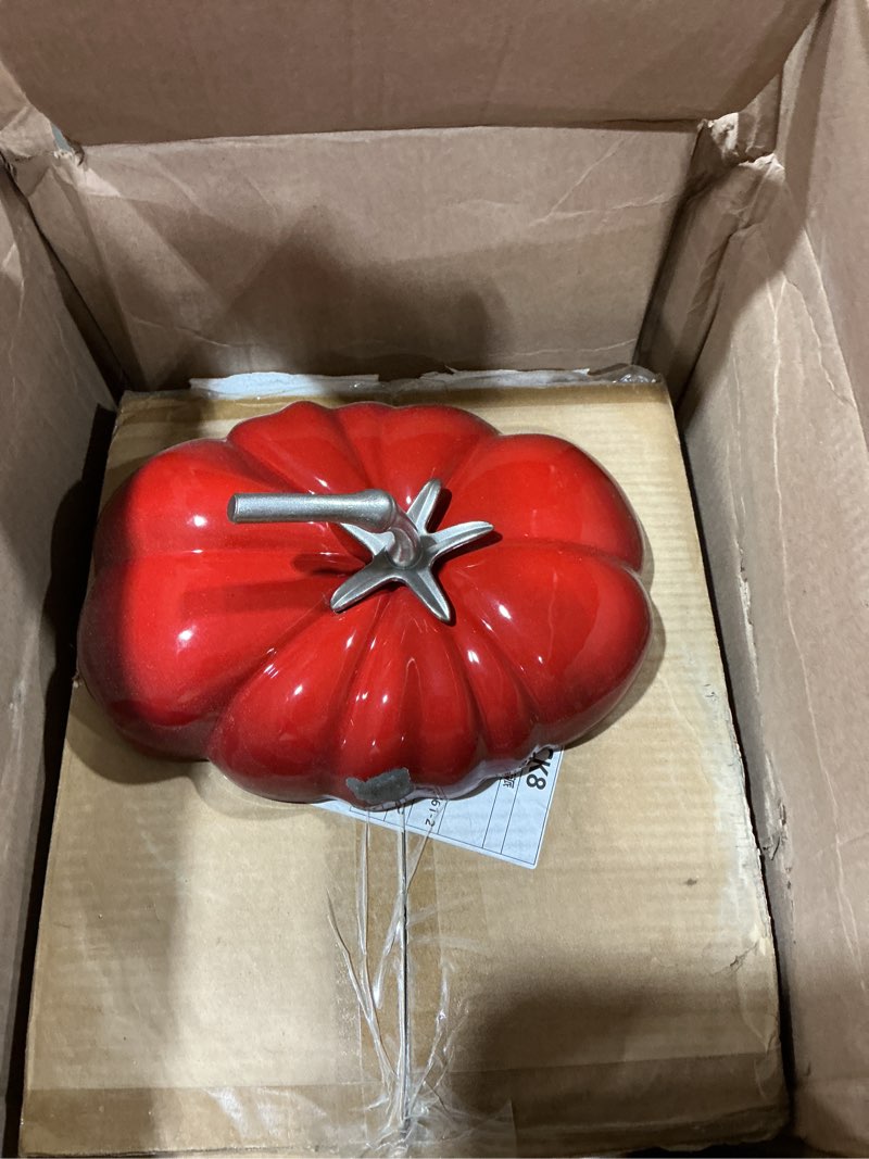 Condition photo showing As Is for french tomato cocotte, enameled cast iron dutch oven 5qt with lid | french-style enameled cast iron cookware with thick walls, superior heat retention and a durable matte enamel interior.