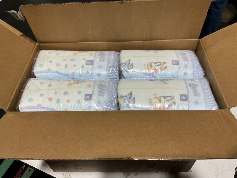 Condition photo showing New/Like New for luvs diapers - size 5, 172 count, bluey platinum protection baby diaper size 5 172