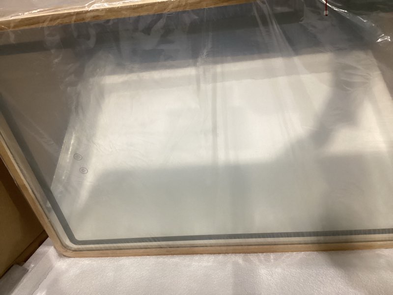 Fiqevs Oak Wood Framed Bathroom Mirror with Lights, 26x38 Inch Rectangle Wall Mirror, Smart Touch 3 