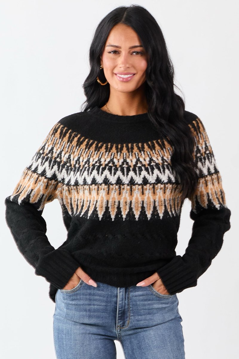 ((Size XL))Black Cable Knit Fair Isle Pattern Relaxed Sweater