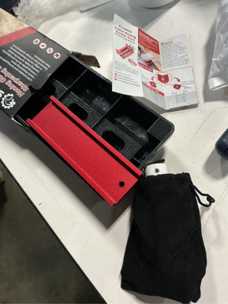 Condition photo showing As Is for saker chisel sharpening jig,precision woodworking tool for chisel sharpening, plane blade restoration, and sharpening stone flattening,complete sharpening system for hand tools red honing guide and stone with ruler