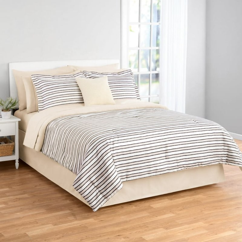 mainstays soft touch bed in a bag 11-piece reversible tan & black striped comforter set with sheets, full