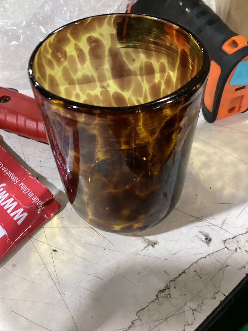 Condition photo showing As Is for tortoise shell stemless wine glasses set of 4, brown decorative tumbler cups for wine & drinks? stemless drinking glasses for wedding gifts, housewarming, 15oz tortoise stemless wine glasses