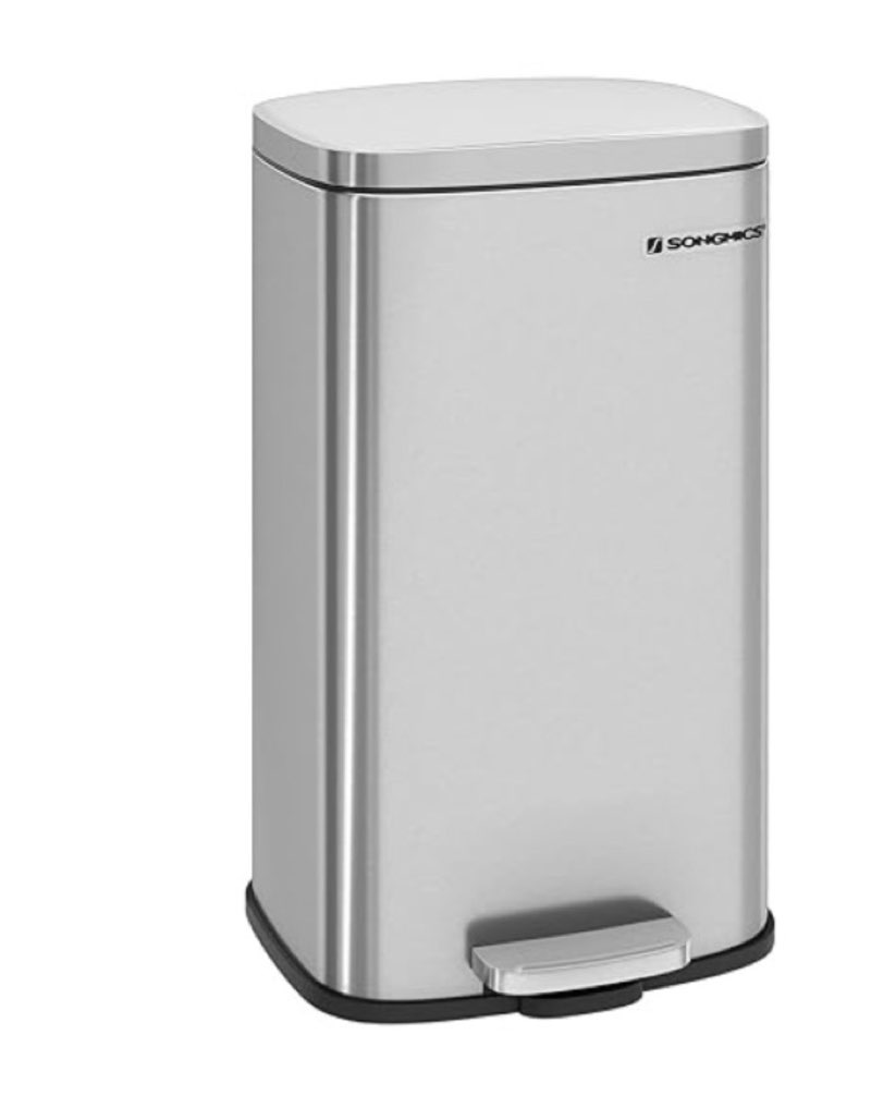 songmics trash can with lid, 8 gallon garbage can, stainless steel small waste bin with step pedal and inner bucket, soft close, kitchen, silver ultb03nl