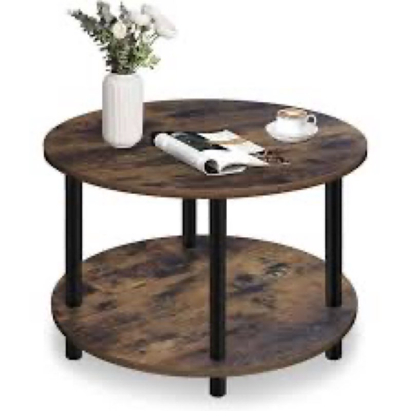 small round coffee table with open storage for small space, 23.5\" black 2-tier wooden center table for living room, metal legs, easy to assemble brown