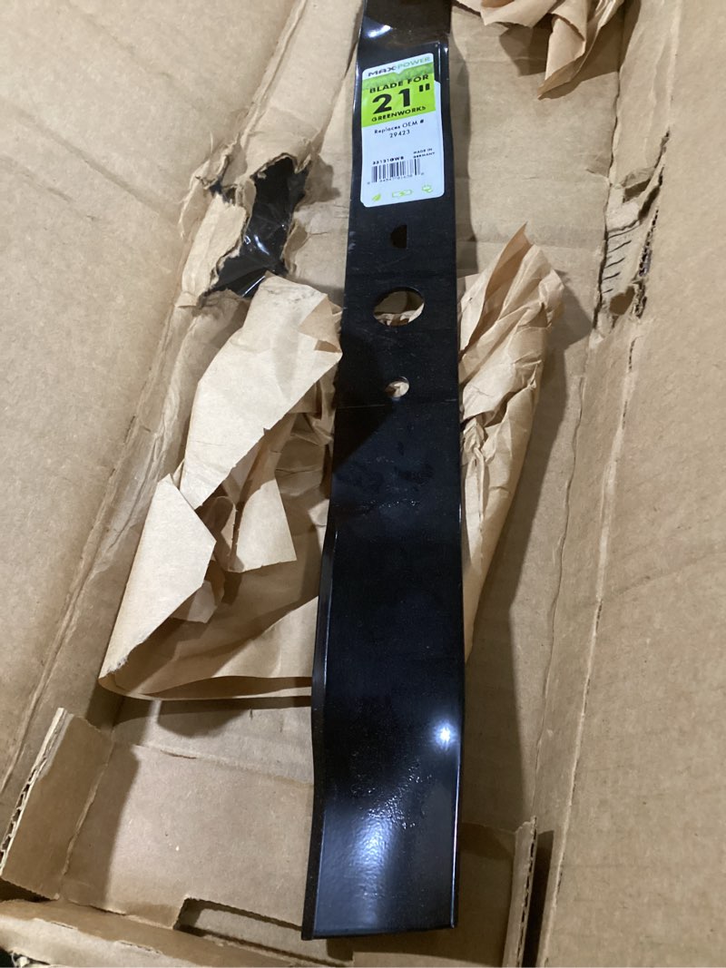 Condition photo showing New/Like New for maxpower 33121gwb mulching blade for 21 in. cut greenworks and kobalt mowers replaces oem #'s 29423 and 535386.