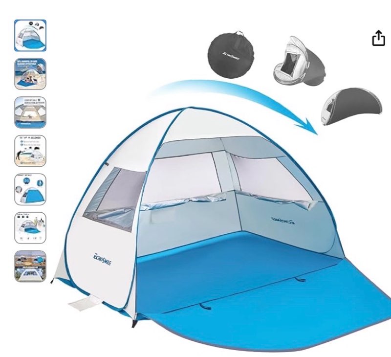 EchoSmile UPF 50+ Pop Up Beach Tent Sunshade for 3/4 People, Beach Canopy, Tent Sunshade with Extended Floor, Portable Beach Umbrella, Cabana, Beach Essential for Baby, Toddler,