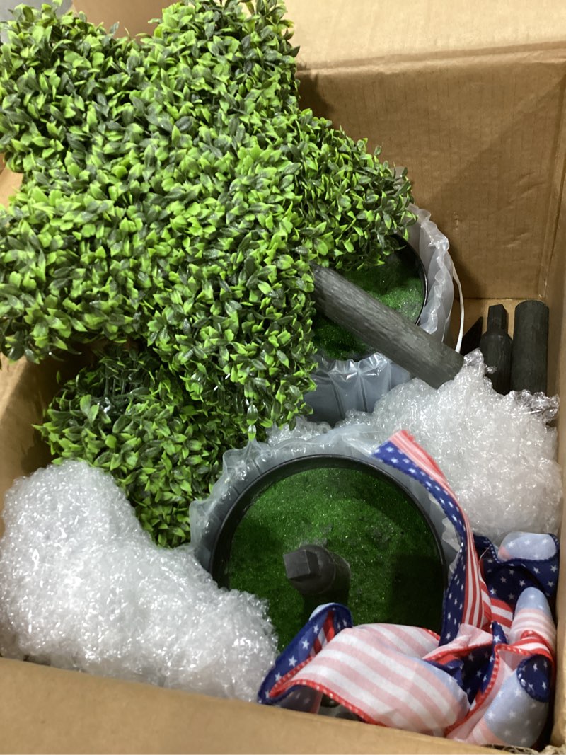 Condition photo showing Good Condition for 2 pack patriotic star topiary tree 21.6"-32.6'' large star shaped artificial plant decor for indoor and outdoor patriotic 4th of july memorial day garden porch yard decorations star green