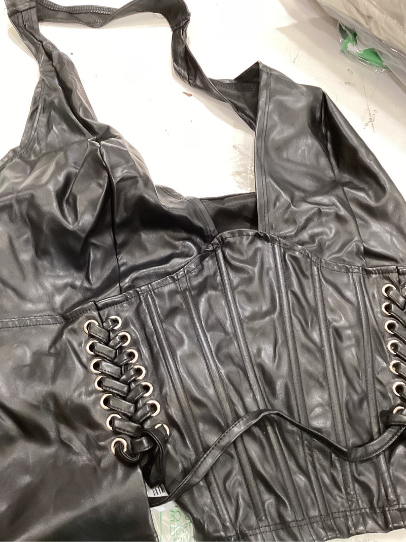 Condition photo showing Good Condition for soly hux women's plus size halter tops pu leather deep v neck lace up backless sleeveless summer crop tank top 3x-large plus pain black