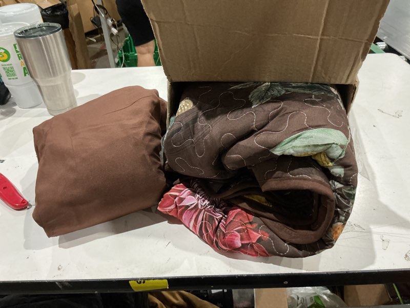 Condition photo showing As Is for anibedding 3 pieces black brown floral quilt king size,garden style bontanical bedspread with colorful flowers,soft lightweight reversible coverlet set for all season(110"x90") dark brown king
