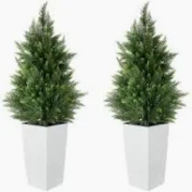 Briful 2PCS 4ft Artificial Cedar Topiary Trees in White Planter – Medium Faux Evergreen Potted Plant