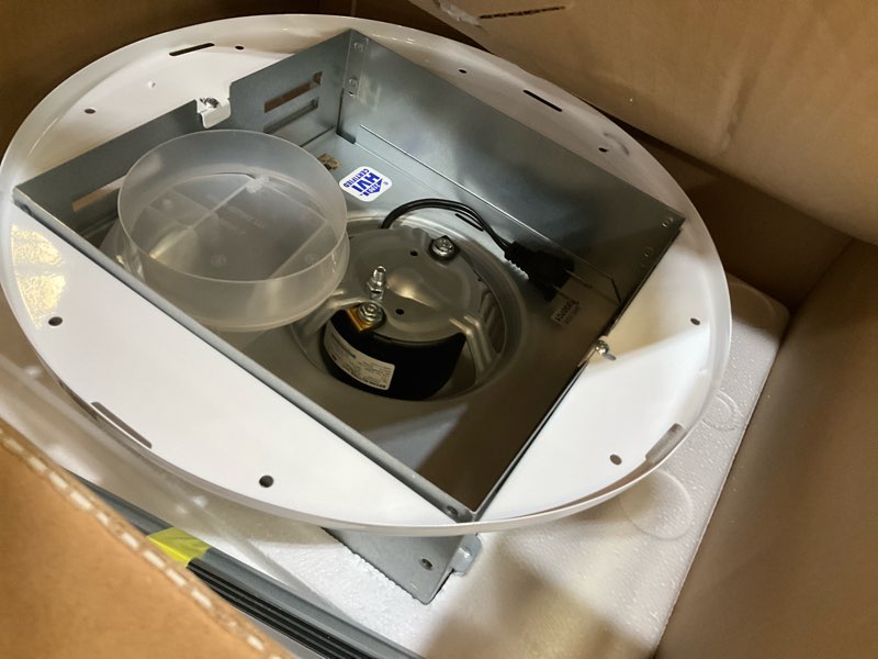 Condition photo showing As Is for broan-nutone 750 round fan and light combo for bathroom and home, white grille with glass lens, 100-watts, 3.5 sones, 100 cfm