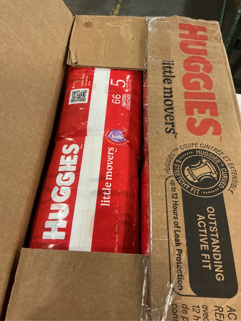 Condition photo showing New/Like New for Huggies Size 5 Diapers, Little Movers Baby Diapers, Size 5 (27+ lbs), 132 Count (2 Packs of 66), Packaging May Vary Size 5 132