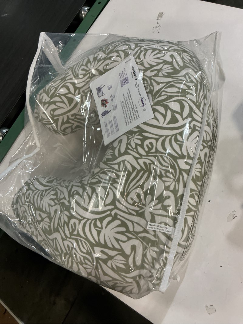 Condition photo showing New/Like New for Boppy Nursing Pillow - Ergonomic Bottle & Breastfeeding Pillow, Higher, Firmer & Larger, Water-Repellent with Washable Organic Cotton Cover, Baby Safety Alliance Verified - Green Cut Out Leaves New Nursing Pillow Organic - Green Cut Out Leaves