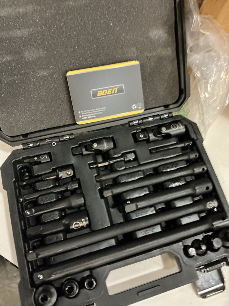 Condition photo showing New/Like New for boen 21 piece 1/4" & 3/8" & 1/2" drive tool accessory set, includes socket adapters, extension bars, swivel universal joints, impact bit holders and 1/4" hex shank