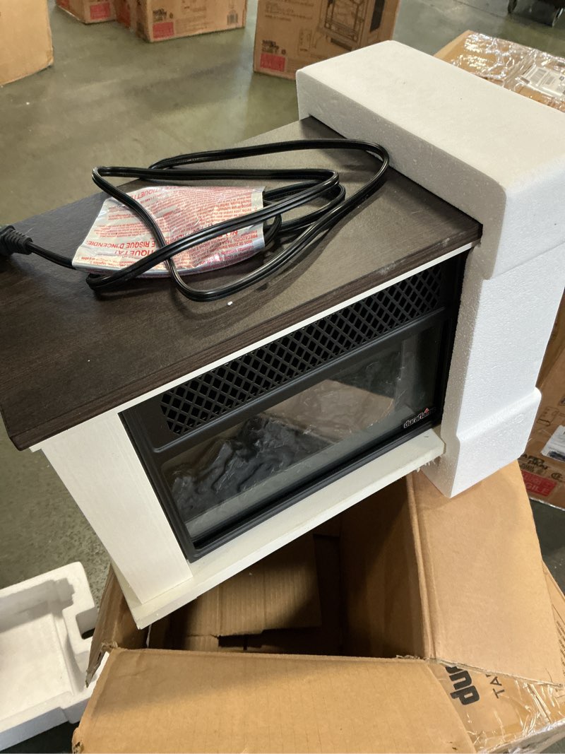 Condition photo showing As Is for DuraFlame electric fireplace model 12EF010, measures