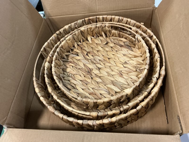 Condition photo showing Good Condition for Hand Woven Water Hyacinth Tray with Handles, Serving Tray for Dining & Entertaining, Decorative Breakfast, Coffee, or Bathroom Tray, Natural Basket Tray for Home Decor