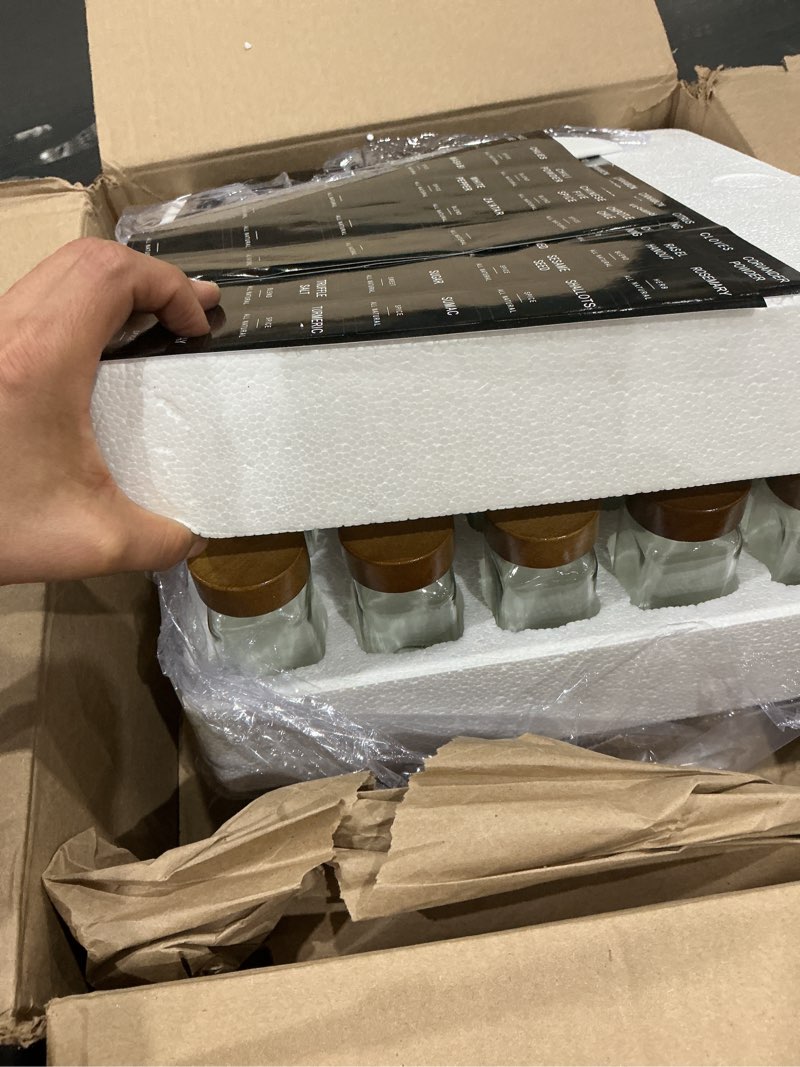Condition photo showing As Is for yangbaga glass spice jars with labels: 24pc 4oz square seasoning storage containers with airtight wood lid,pepper grinder,funnel; empty spice organizer bottles for kitchen rack drawer cabinet