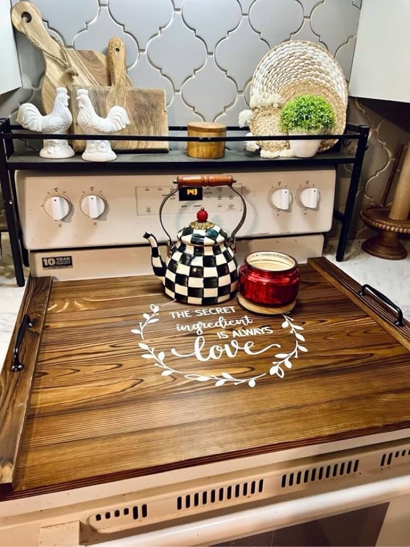 Noodle Board Stove Top Cover with Handles, Farmhouse Wooden Stove Cover for Electric Gas Burners, Si
