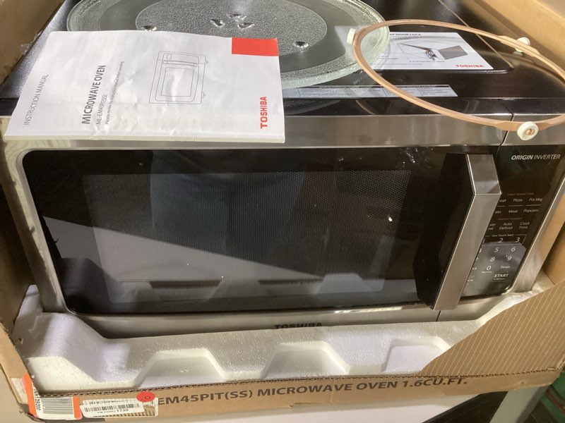 Condition photo showing As Is for TOSHIBA ML-EM45PIT(SS) Countertop Microwave Oven with Inverter Technology, Kitchen Essentials, Smart Sensor, Auto Defrost, 1.6 Cu.ft, 13.6" Removable Turntable, 33lb.&1250W, Stainless Steel Inverter-1.6 Cu. Ft.