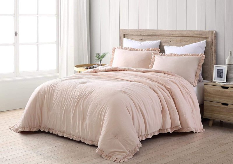 chezmoi collection nora 3-piece ruffled edge trim soft washed microfiber comforter set (full, blush)