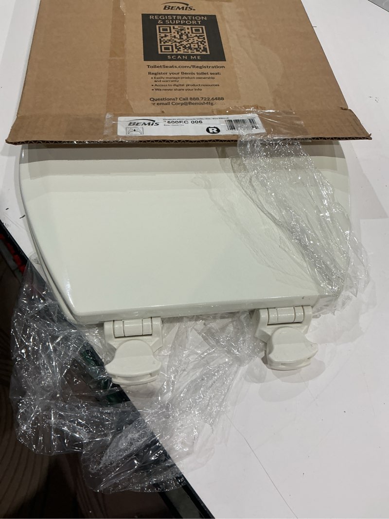 Condition photo showing As Is for bemis 500ec durable wood toilet seat with easy clean hinges, made in usa, round, bone bone round
