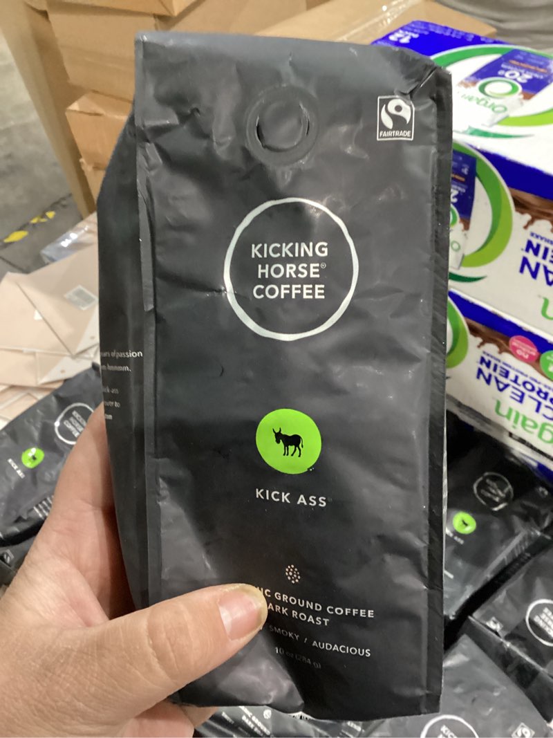 Condition photo showing New/Like New for Kicking Horse Coffee, Kick Ass, Dark Roast, Ground, 10 Oz - Certified Organic, Fairtrade, Kosher Coffee Kick Ass - Dark Roast Coffee