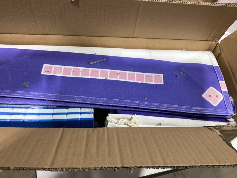 Condition photo showing As Is for american mahjong tiles set with noise reducing mat, 166 blue mahjong game with portable storage bags, 4 all-in-one color rack/pushers, scoring, plastic coins dices for adults & beginners