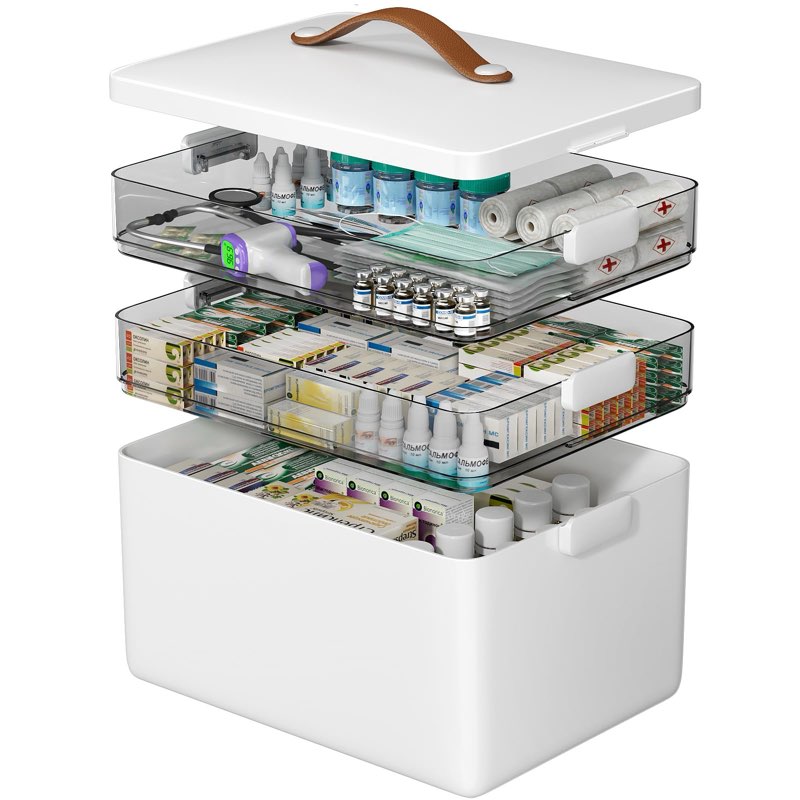 CTIME 3-Tier Medicine Organizer - Portable Medicine Cabinet with Leather Handle, Empty First Aid Kit for Home