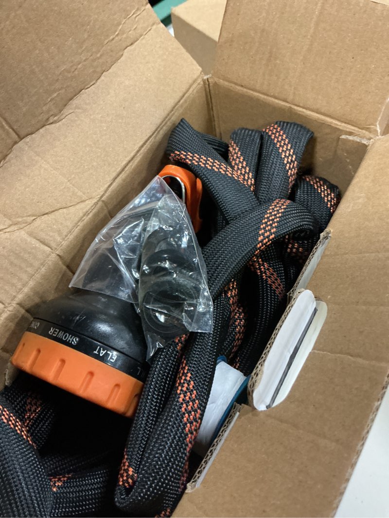 Condition photo showing Good Condition for flexible garden hose 75 ft, ultra lightweight water hoses w/10 function sprayer and 3/4" brass fittings, kink-free, sturdy, abrasion resistant for yard, lawn, outdoor and gardening(black orange) 75ft black orange