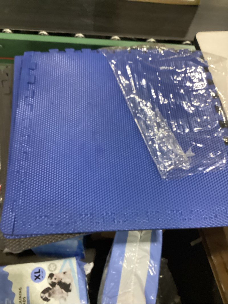 Condition photo showing As Is for cap high density reversible 4-piece puzzle exercise mat,blue/gray