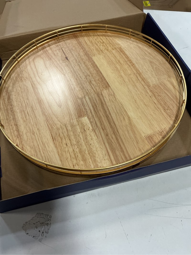 Condition photo showing Good Condition for 16 Inch Rustic Lazy Susan Turntable – Solid Oak & Iron Wood Rotating Tray for Dining Table, Kitchen Counter, Coffee Table – Farmhouse Style Large Wooden Lazy Susan Organizer for Home Décor Natural Oak 16 inches