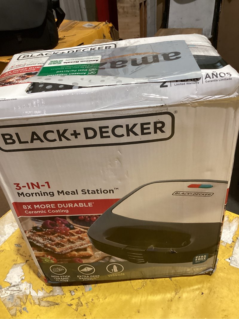 Condition photo showing As Is for black+decker 3-in-1 waffle iron, wm2000sd, grill and sandwich press, non-stick removable plates, space saving compact design black/silver compact design waffle maker