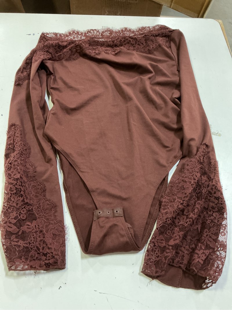 Condition photo showing Good Condition for wdirara women's lace one shoulder long sleeve bodysuit dressy off the shoulder leotard tops small coffee brown