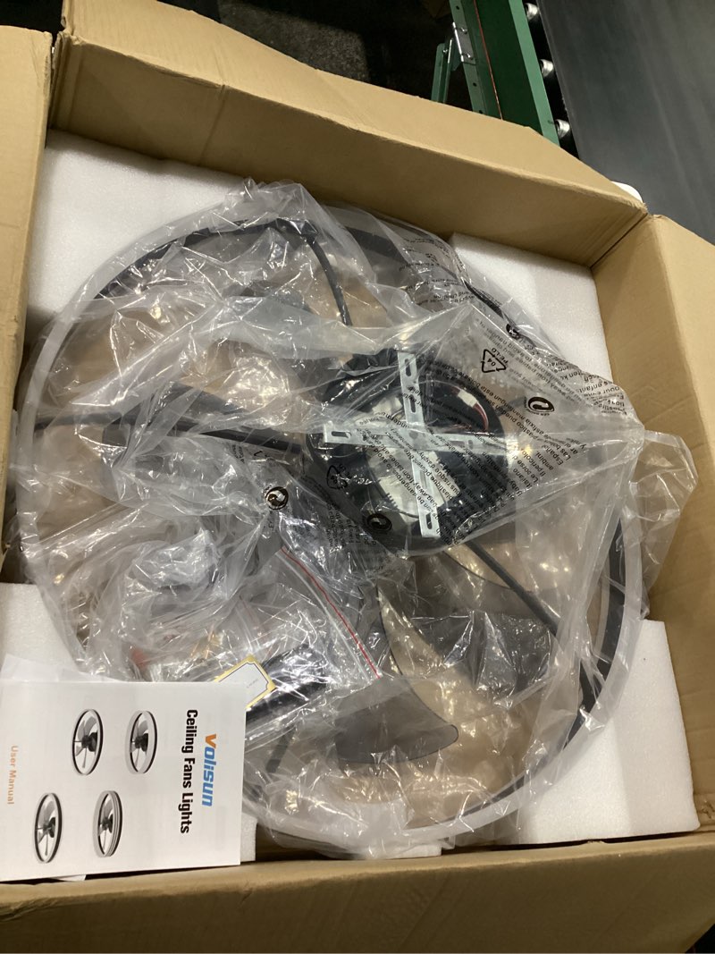 Condition photo showing New/Like New for volisun fandelier ceiling fans with lights and remote, 15.7in low profile ceiling fan flush mount, 3000k-6500k dimmable bladeless led fan light, black modern ceiling fans with lights for bedroom black 15.7 inch