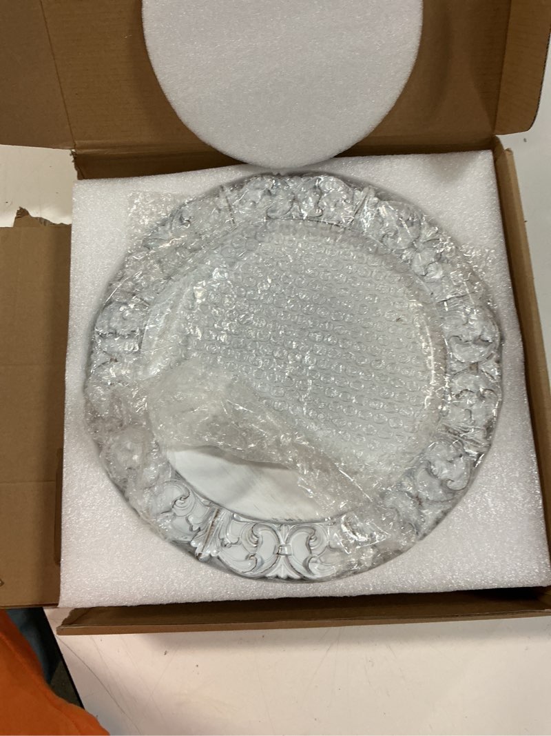 Condition photo showing New/Like New for 13" antique white charger plates, set of 6 plastic textured chargers for dinner plates with embossed rim, table décor, party, wedding, holiday fd03w