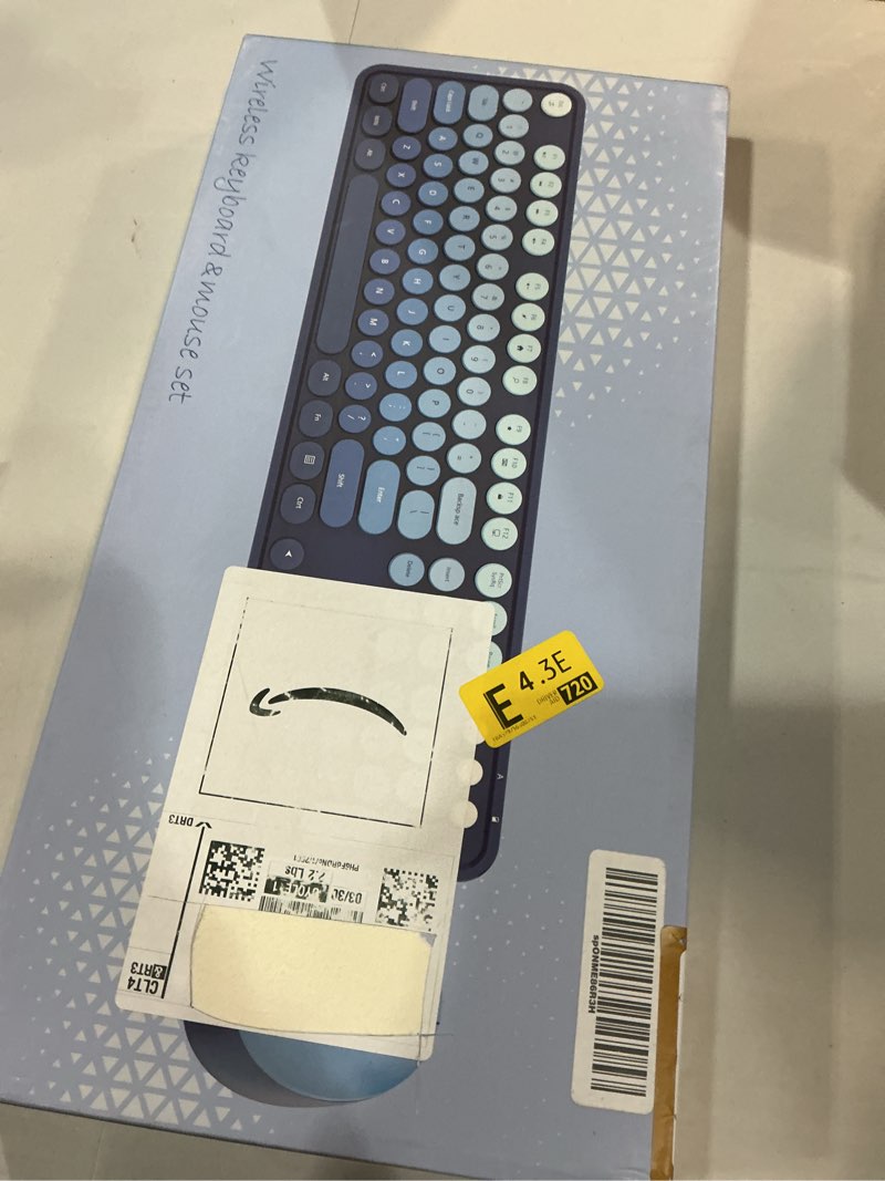 Condition photo showing New/Like New for wireless keyboard and mouse combo, retro typewriter keyboard with round keycaps, full-size ergonomic, blue, ideal for windows pc, home, office, and college, wireless keyboard mouse combo twilight blue