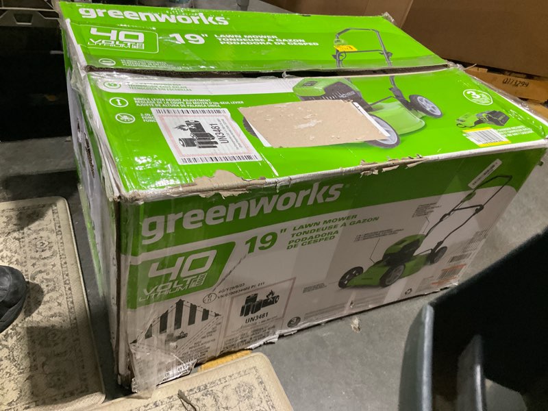 Condition photo showing As Is for greenworks 40v 19" brushless (push) cordless lawn mower, 4.0ah battery and charger 19" mower (4.0ah)