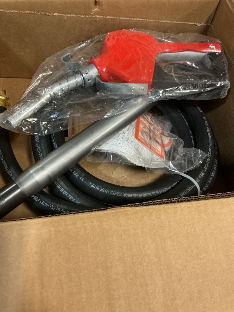 Condition photo showing As Is for fill-rite fr1210ha1 12v 15 gpm fuel transfer pump with discharge hose & automatic nozzle, green - gasoline, diesel, kerosene, ethanol & methanol blends & biodiesel auto nozzle (green)