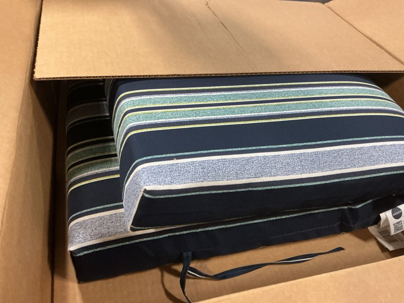 Condition photo showing Good Condition for arden outdoor patio dining chair cushion, 20x44, rain-proof seat pad, fade-resistant outdoor cushion sapphire aurora blue stripe polyfill 1 pack sapphire aurora blue stripe