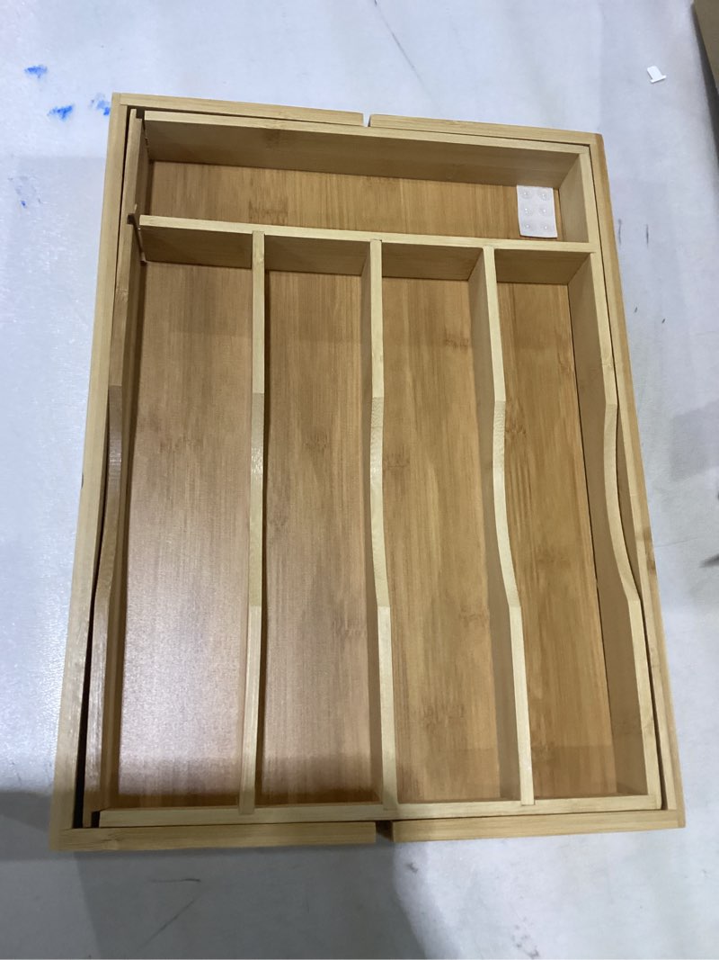 Condition photo showing As Is for Expandable Bamboo Kitchen Drawer Organizer for Cutlery and Utensils, Adjustable Bamboo Wood Cutlery Tray in Drawer for Flatware and Silverware in Kitchen, (Natural) 7 Slots Expandable Natural
