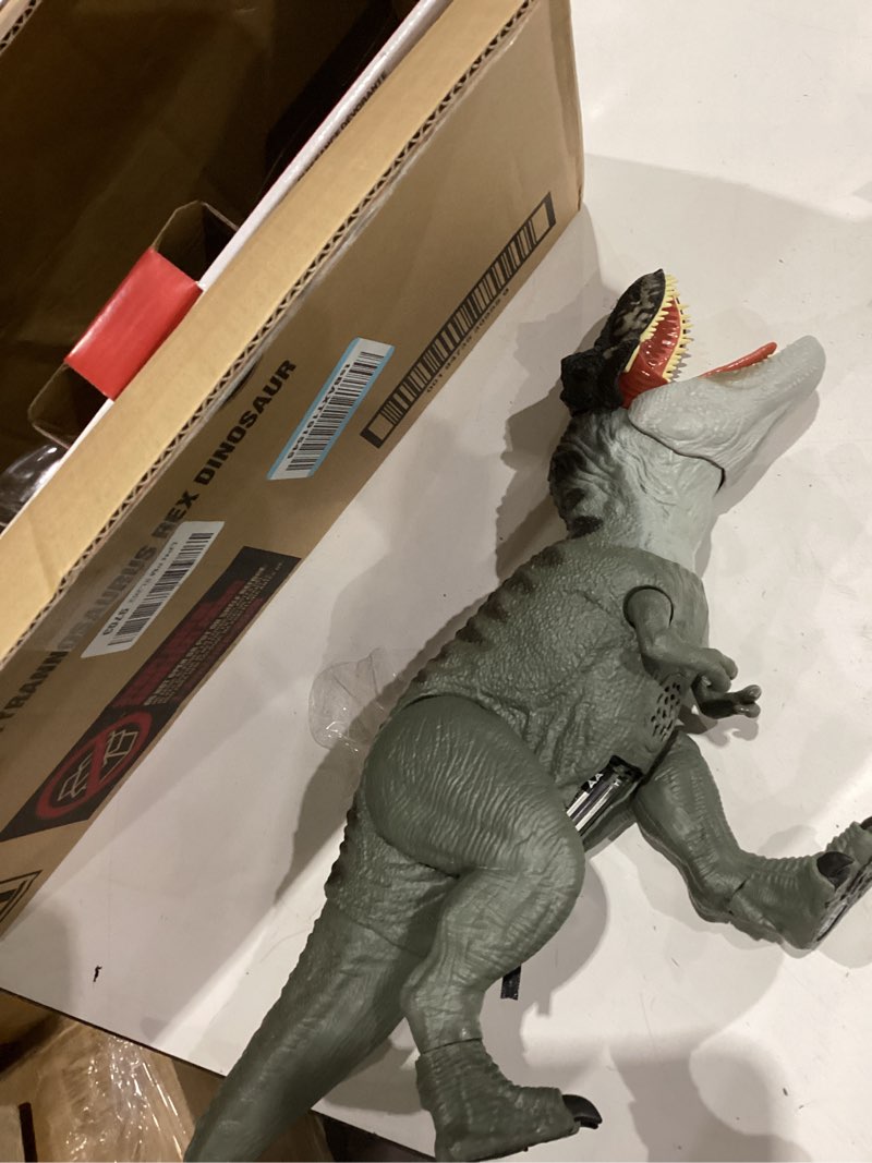 Condition photo showing As Is for mattel jurassic world rebirth power devour tyrannosaurus rex dinosaur figure with tongue activated constant chomp, lights & sounds, digital play