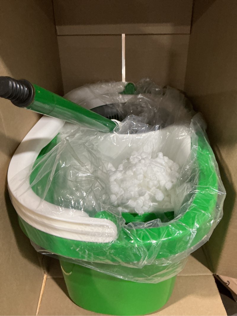 Condition photo showing Good Condition for libman tornado spin mop system and 1 refill, mop and bucket with wringer set for hardwood floor cleaning, 2 total heads included spin mop plus 1 refill