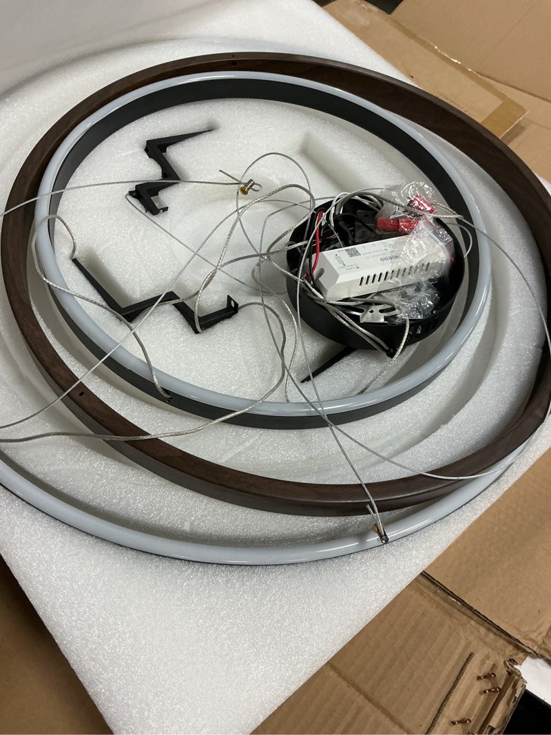 Condition photo showing Good Condition for benkut modern led chandelier black dimmable 3 ring pendant light for dining room, kitchen chandelier circular with remote control flush mount high ceiling light for living room, 3000k-6500k 3 rings 23.6 inches wood grain black