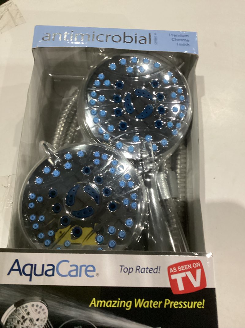 Condition photo showing As Is for Hotel Spa AquaCare High Pressure 8-Mode Handheld Shower Head - Anti-clog Nozzles, Built-in Power Wash to Clean Tub, Extra Long 6 ft. Stainless Steel Hose, Wall & Overhead Brackets 1.8 Gallon Per Minute Premium Chrome