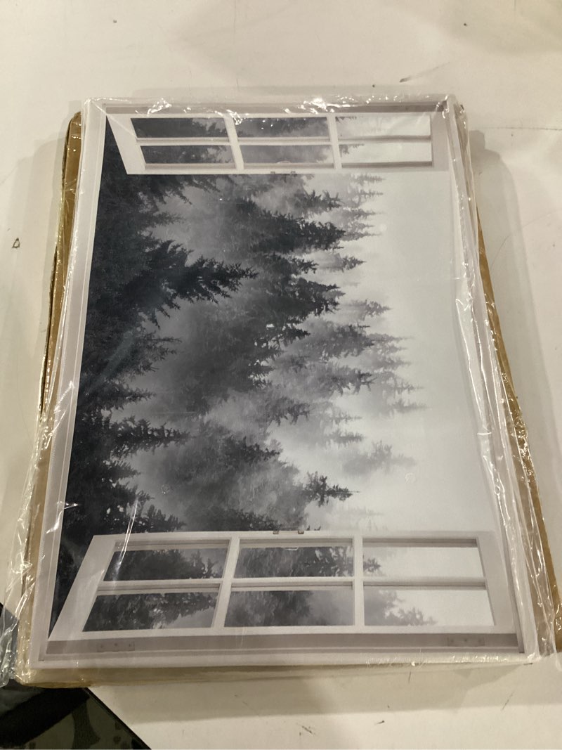 Condition photo showing Good Condition for pine tree canvas wall art: misty foggy forest picture window smoky mountain painting nature landscape print artwork for bedroom pine forest 16"l x 11"w
