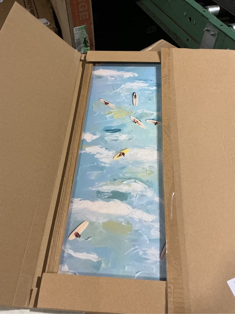 Condition photo showing Good Condition for framed tiny people surfing canvas wall art, abstract blue coastal surfer pictures wall decor, funky summer ocean paintings prints beachy home decor for living room bedroom dorm 16x24 inch surfer 24"l x 16"w